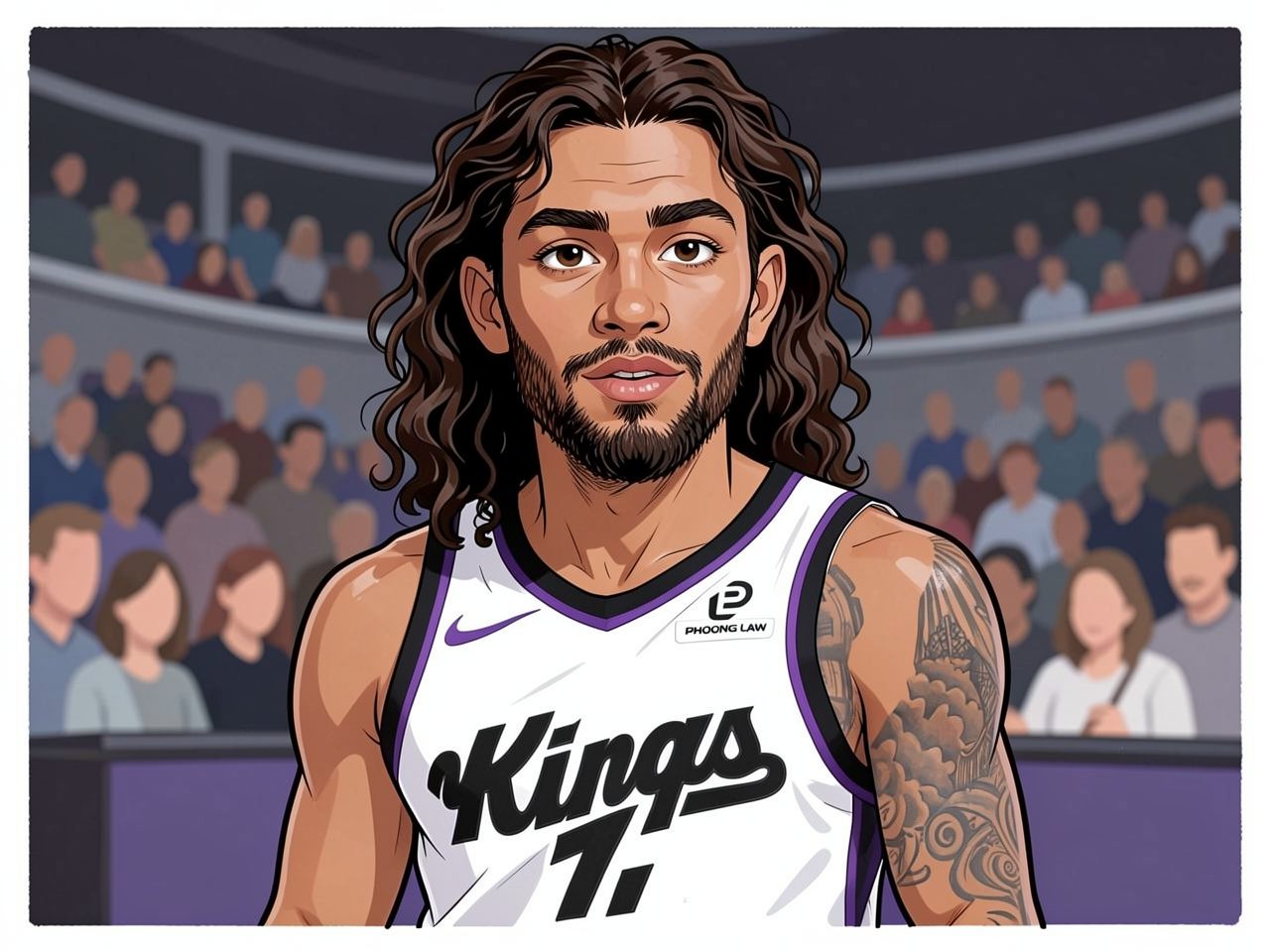 A basketball player in a white jersey with purple trim stands on the court.