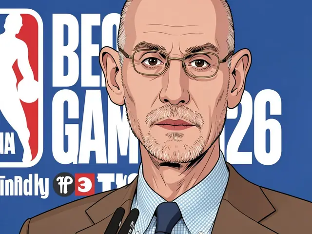 Портрет лысого мужчины в очках и костюме на фоне логотипа NBA.
