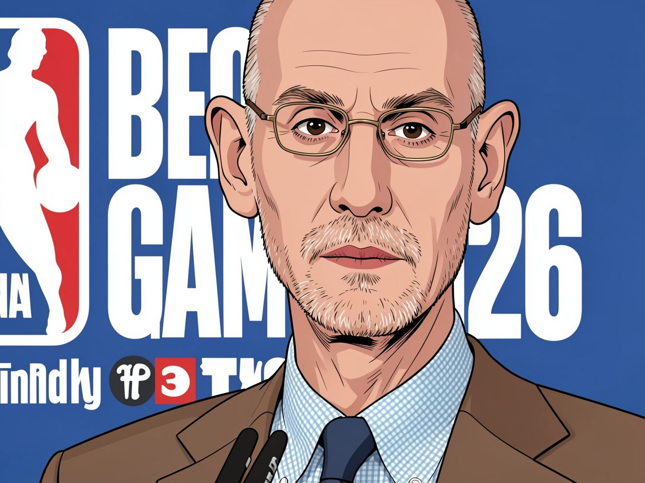 Close-up portrait of a bald man in glasses and a suit against an NBA backdrop.
