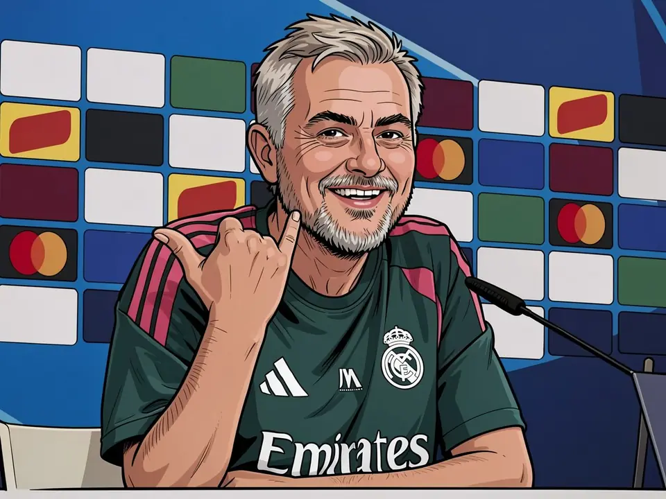 Mourinho in Real-Madrid-Kleidung am Tisch mit Mikrofon, lächelnd und eine Handbewegung machend