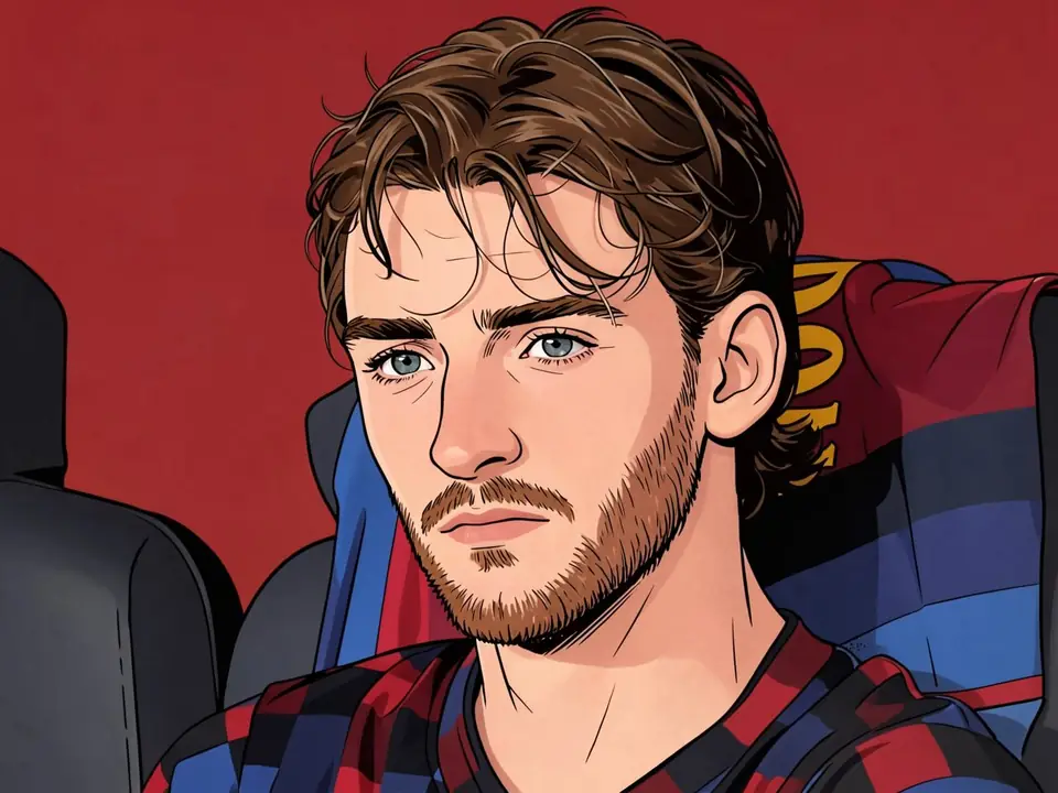 Anthony Gordon sits on the bench in Barcelona's red and blue kit