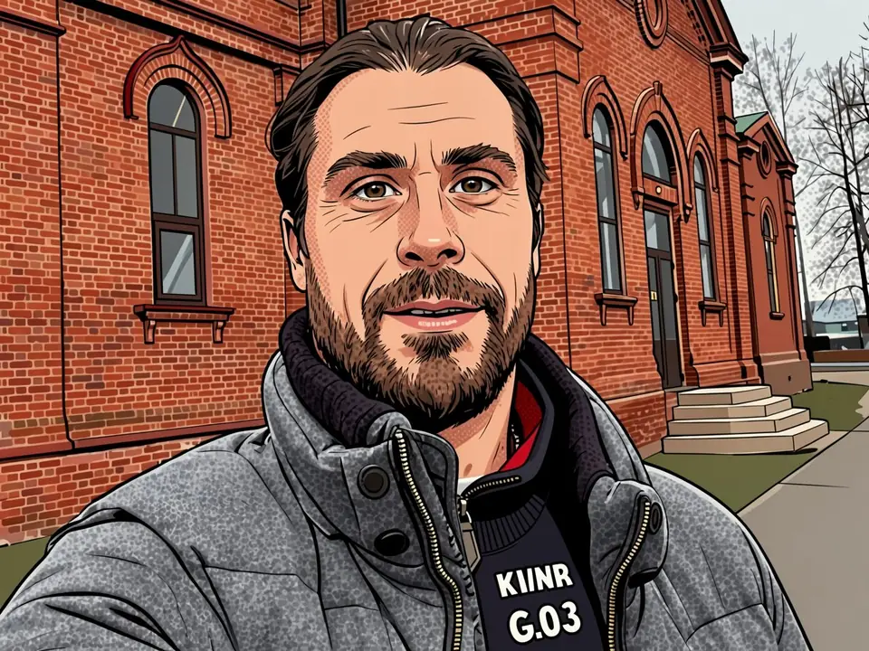 Nikita Shchitov in a grey jacket stands before a brick building, sweater reads KIINR G.03