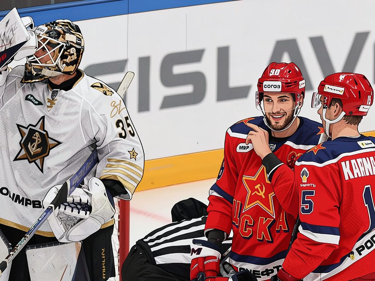 Three hockey players and a referee on the ice: a goalkeeper in white raises his glove, two in red talk.