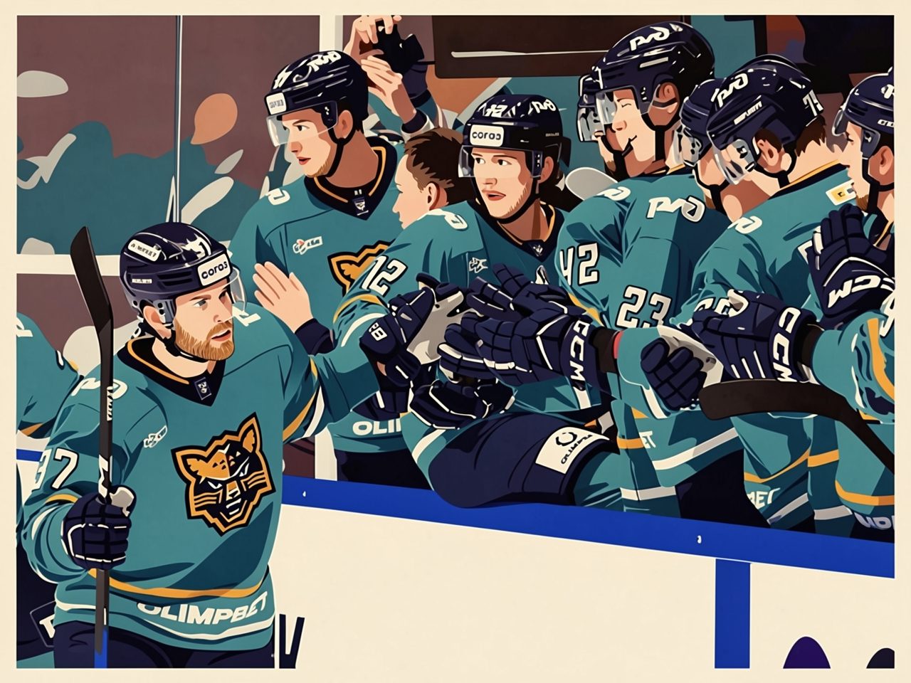 Hockey players in teal jerseys celebrate on the bench