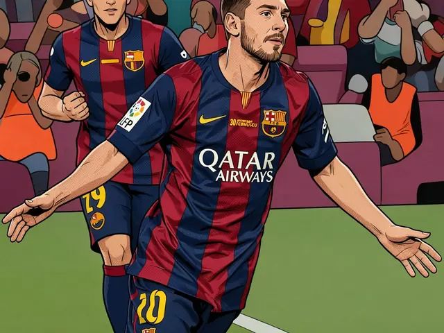Fußballspieler in der rot-blauen Barcelona-Trikot mit Nummer 20 feiert ein Tor im Stadion
