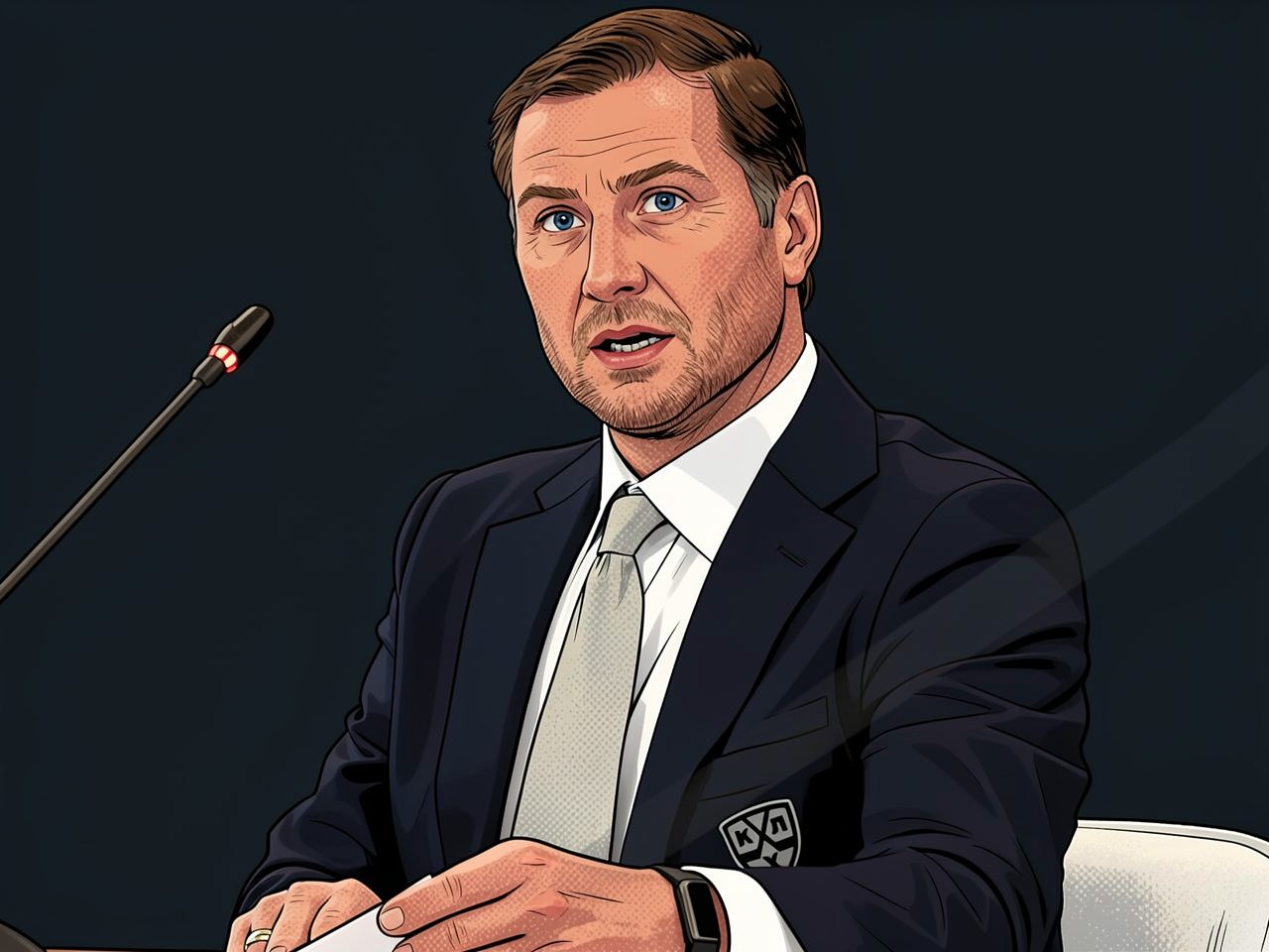 A man in a suit speaks at a press conference into a microphone.