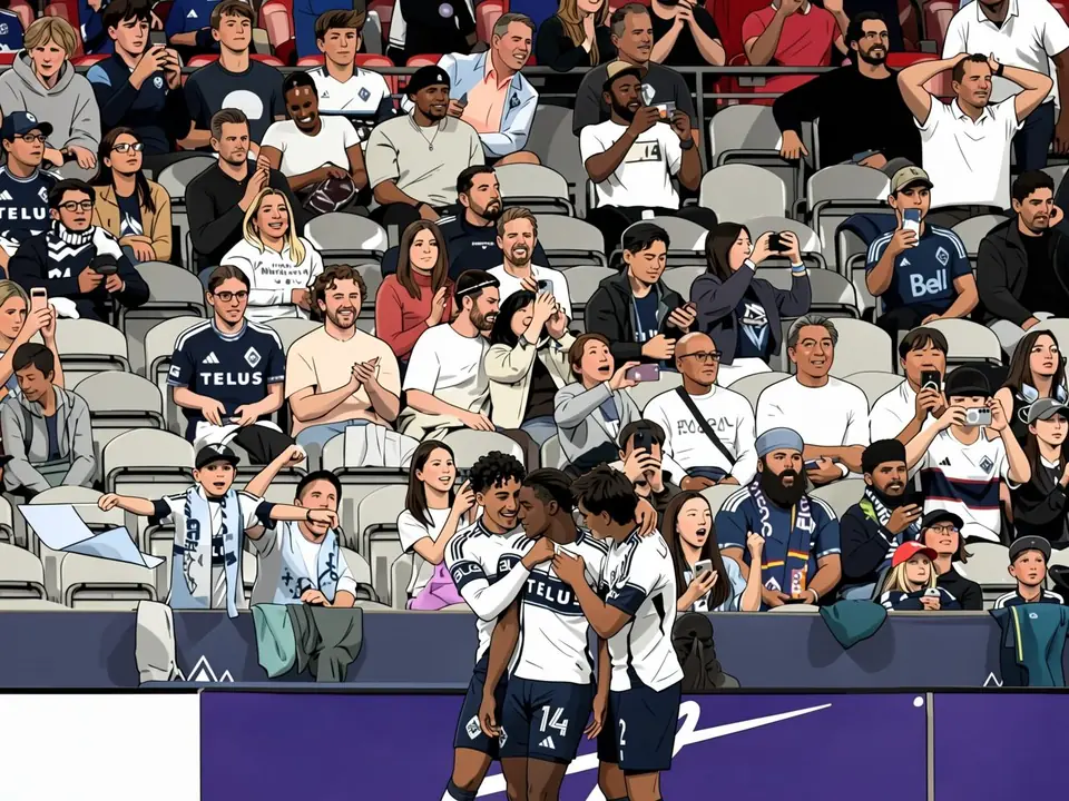 Vancouver-Spieler feiern Bruno Caicedos Tor vor den Zuschauern im Stadion