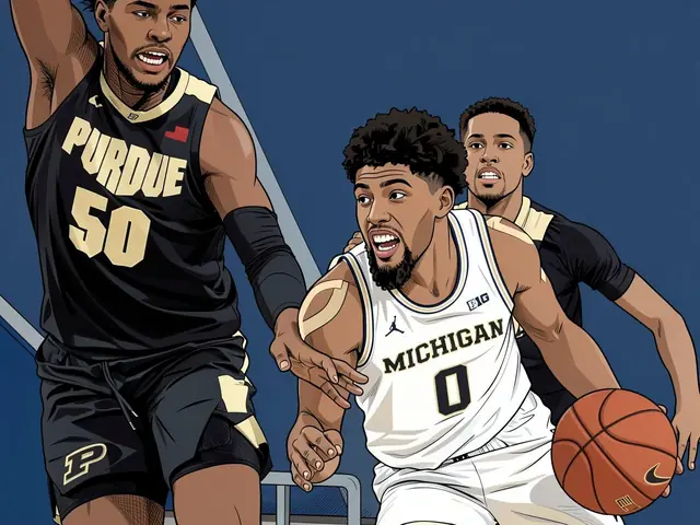 Баскетболисты в чёрной форме с надписью PURDUE и белой форме MICHIGAN играют на площадке