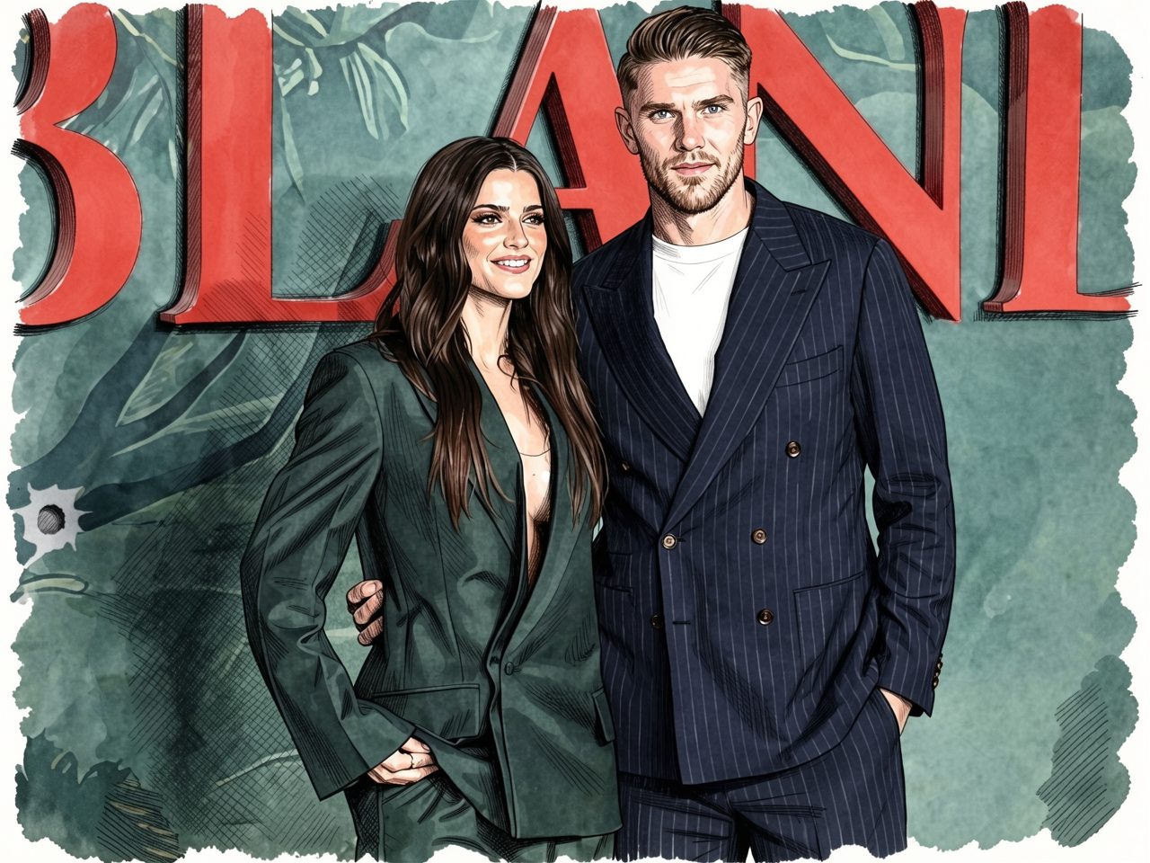 A man in a blue suit and a woman in a green blazer stand together at an event.