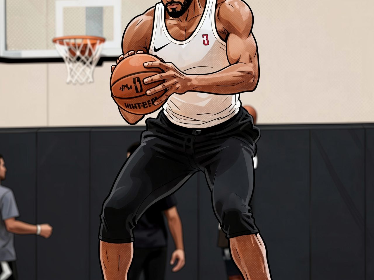 Basketballspieler in weißem Tanktop hält einen Ball in einer Halle