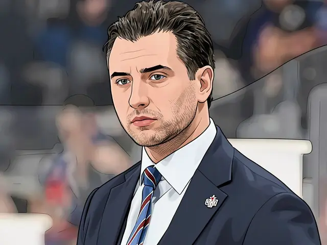 Портрет мужчины в тёмном костюме и галстуке на фоне хоккейной арены.