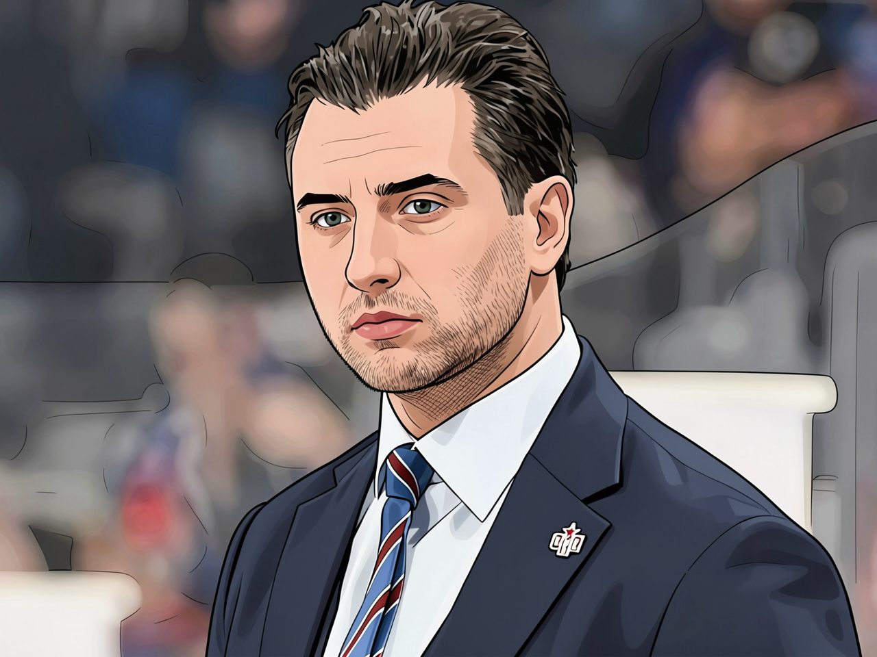 Portrait of a man in a dark suit and tie standing in front of a hockey rink.