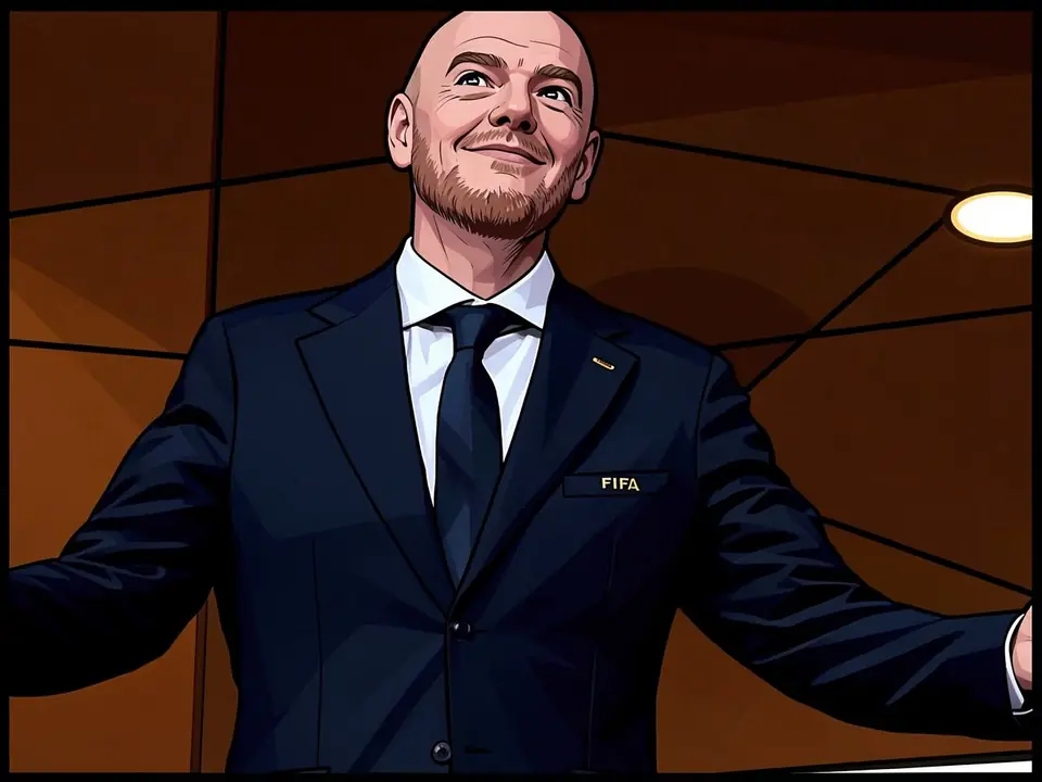Gianni Infantino in a blue suit with a FIFA badge on the lapel, smiling with arms spread.