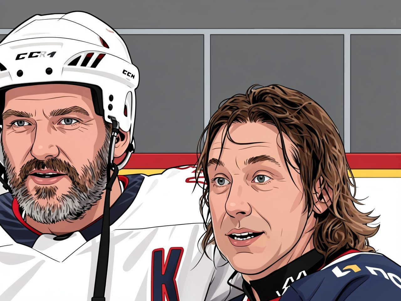 Zwei Eishockeyspieler auf dem Eis. Einer in weißer Uniform mit Helm, der andere in blauer Uniform mit langen Haaren.