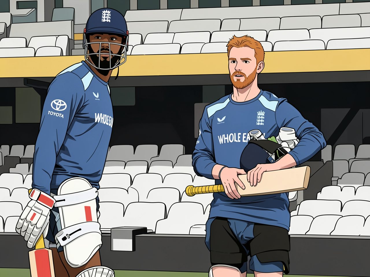 Two England cricket players in blue training kits stand on the pitch.