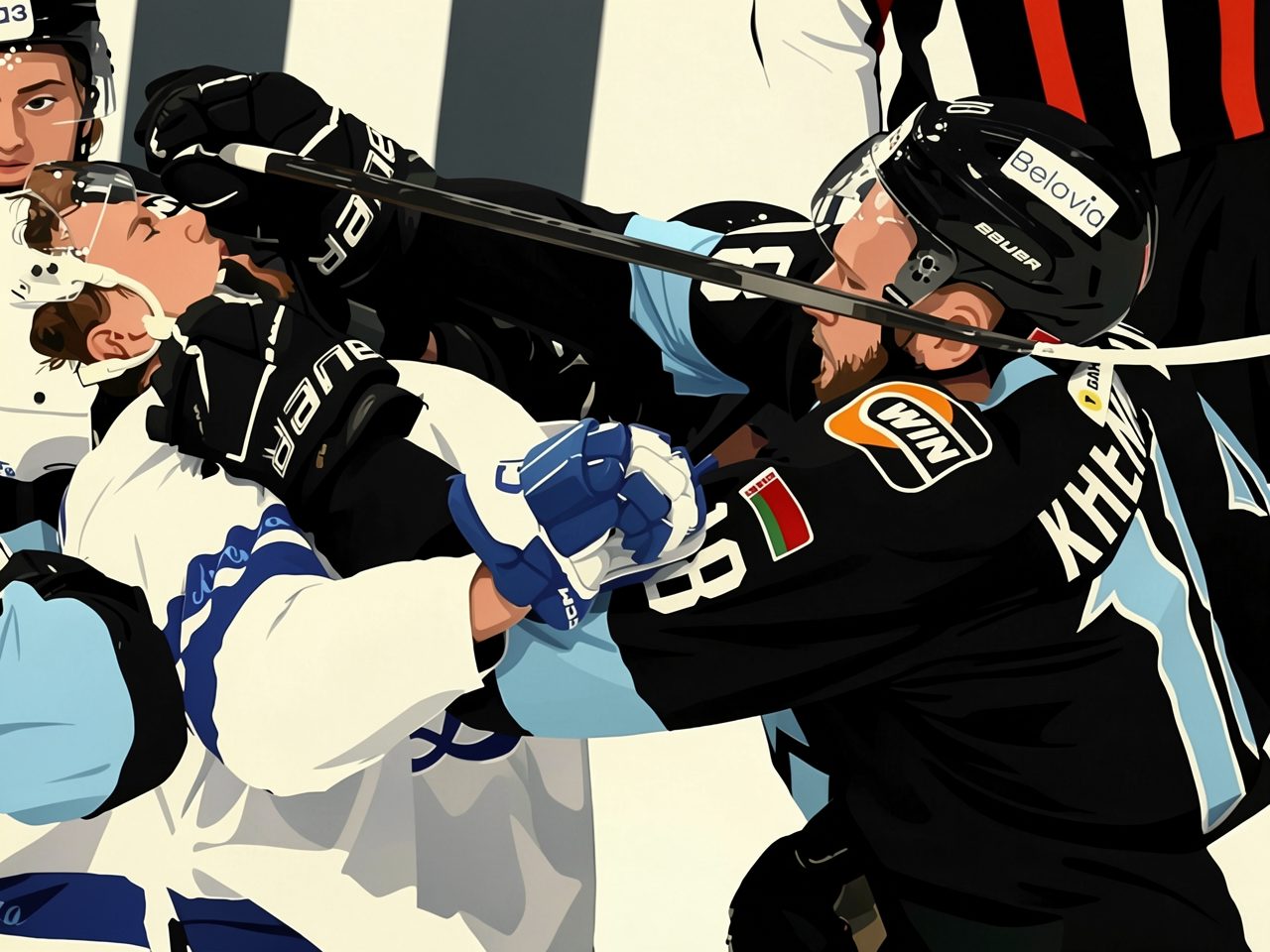 A hockey brawl on the ice. A player in a black jersey grapples with an opponent in white.
