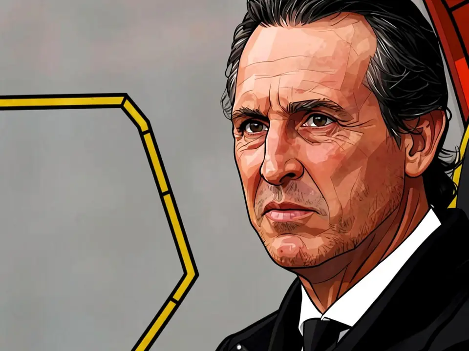 Unai Emery in a suit against a yellow frame, Aston Villa team