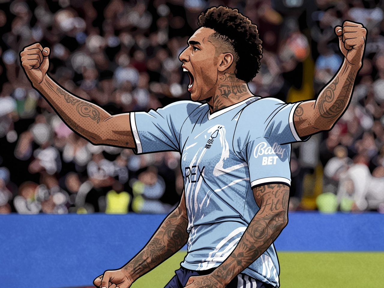 A football player in a blue kit celebrates a goal on the pitch