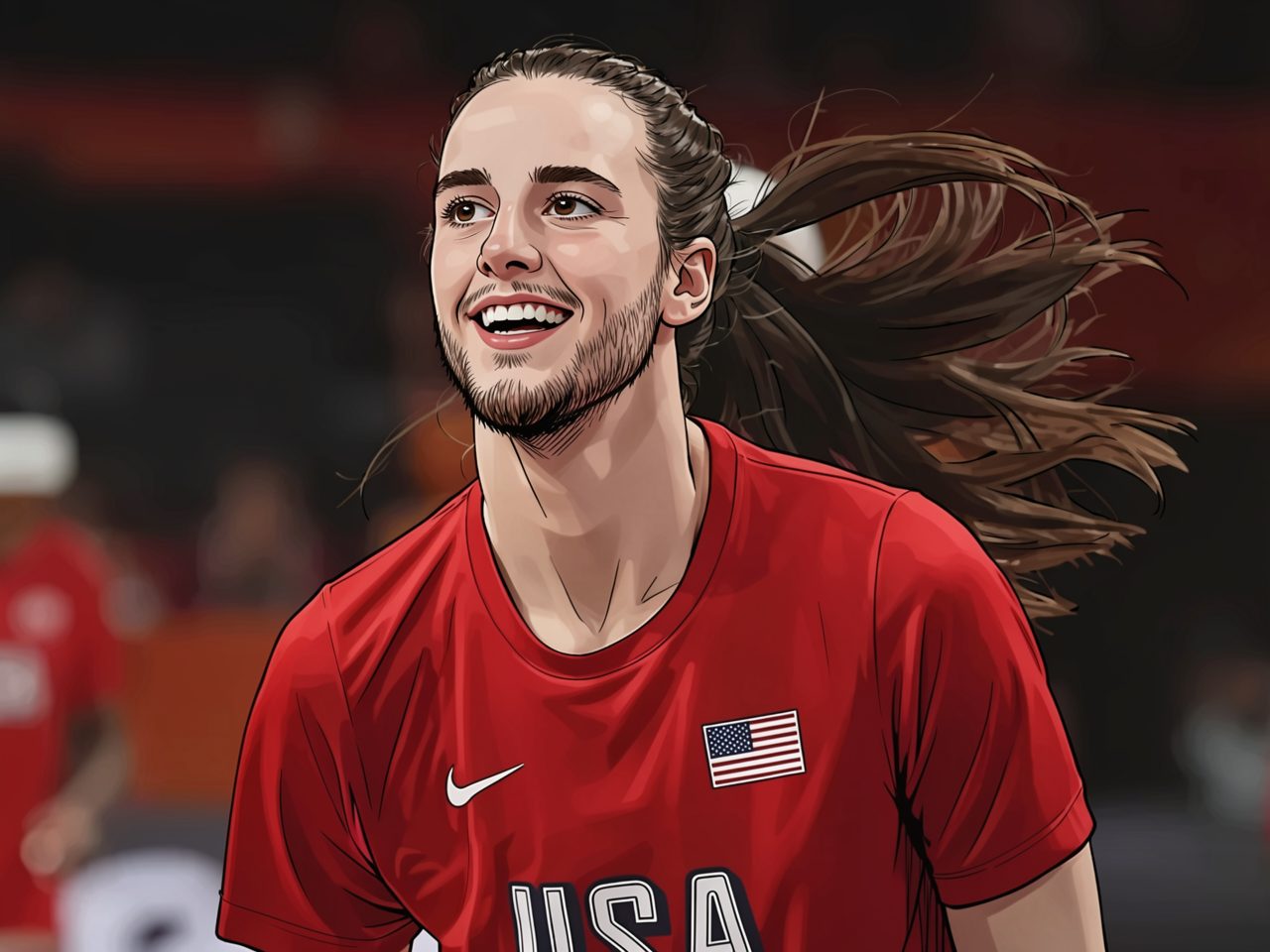 Eine junge Sportlerin in rotem USA-Trikot lächelt beim Laufen auf dem Platz.