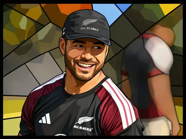 Улыбающийся игрок в чёрной форме и кепке с логотипом All Blacks на тренировке.