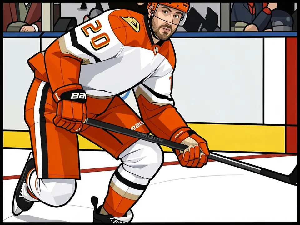 Eishockeyspieler in orange-weißem Trikot, Nummer 20, mit Schläger auf der Eisbahn
