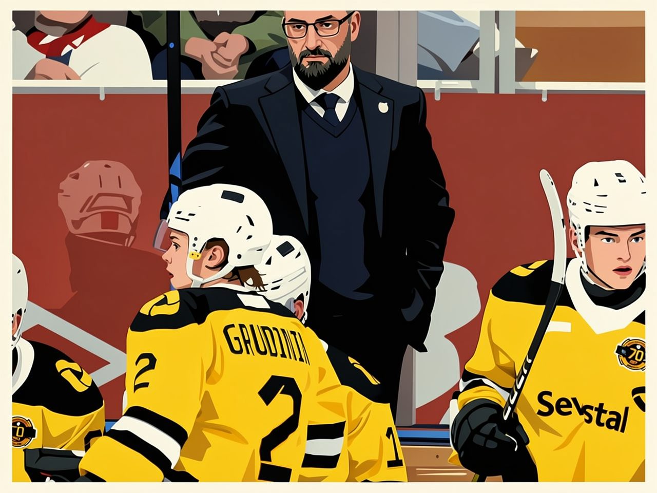 Hockey coach stands behind bench while players in yellow and black jerseys sit on the bench