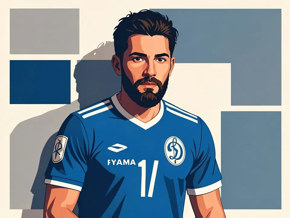 Eduard Sandler in blauem Dynamo-2-Wladimir-Kit, Nummer 11, blickt direkt in die Kamera