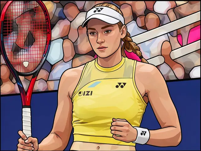 Елена Рыбакина в жёлтой форме Yonex с ракеткой на корте US Open