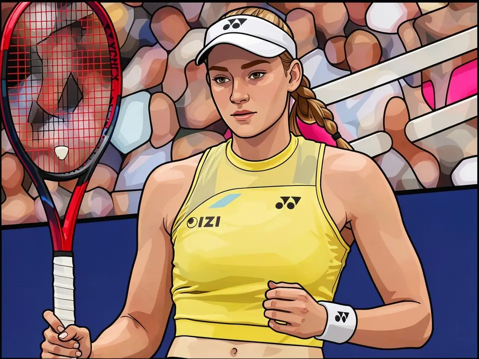 Елена Рыбакина в жёлтой форме Yonex с ракеткой на корте US Open