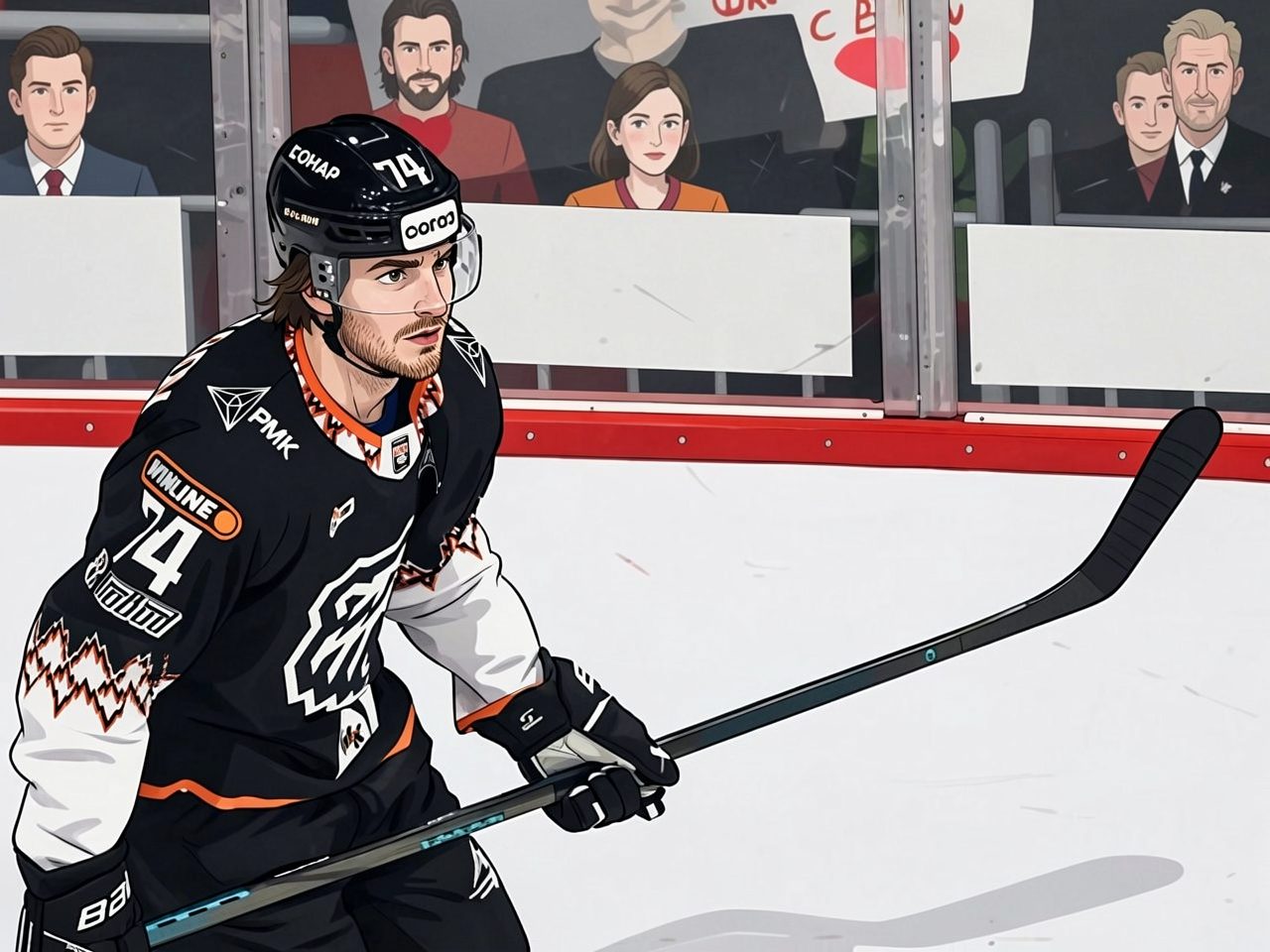A hockey player in a black jersey with number 74 holds a stick on the ice