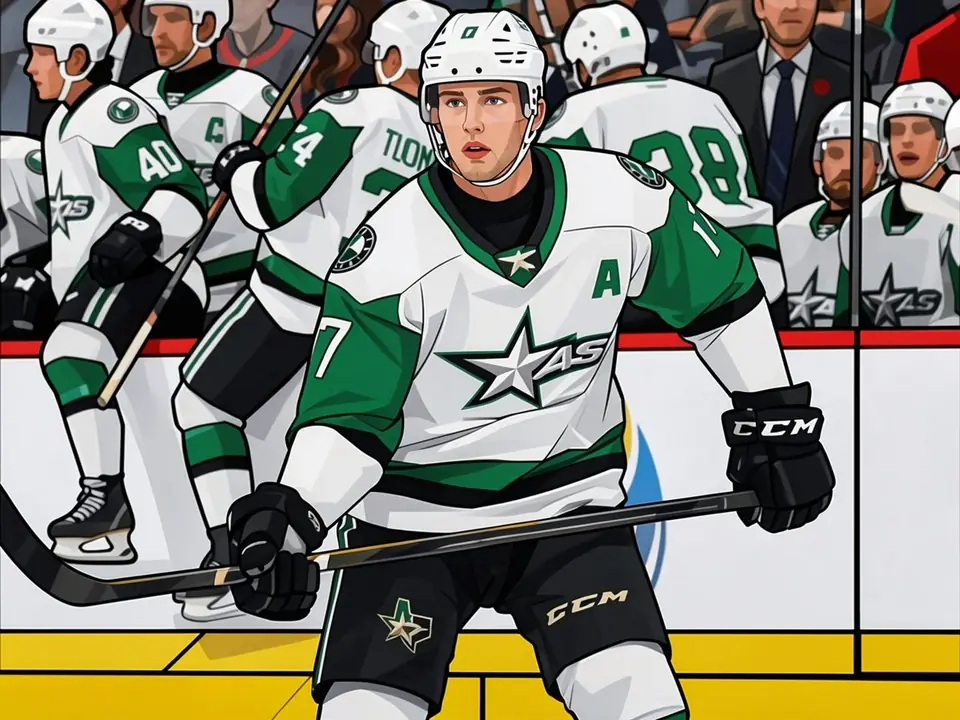Cole Lind in Dallas Stars Trikot mit Stöckchen auf dem Eis, Team in Grün-Weiß
