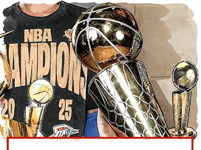 Диллон Джонс в чёрной футболке NBA Champions 2025 с кубками
