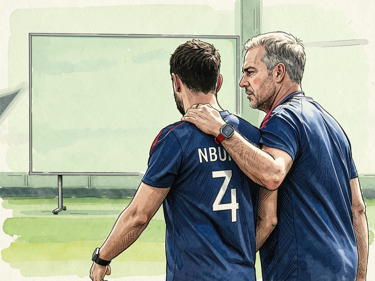 Two men in blue shirts on a training pitch, one placing a hand on the other's shoulder.