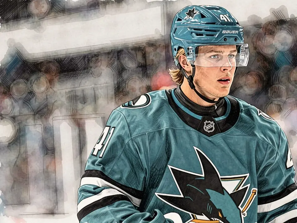 Schwedischer Eishockeyspieler Stenberg in San Jose Sharks Trikot beim Rookie Faceoff