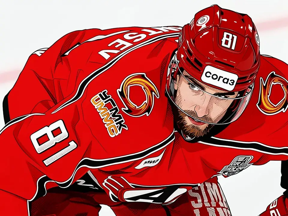 Romanov in red Lokomotiv kit, number 81 on helmet and back, leaning forward on the ice