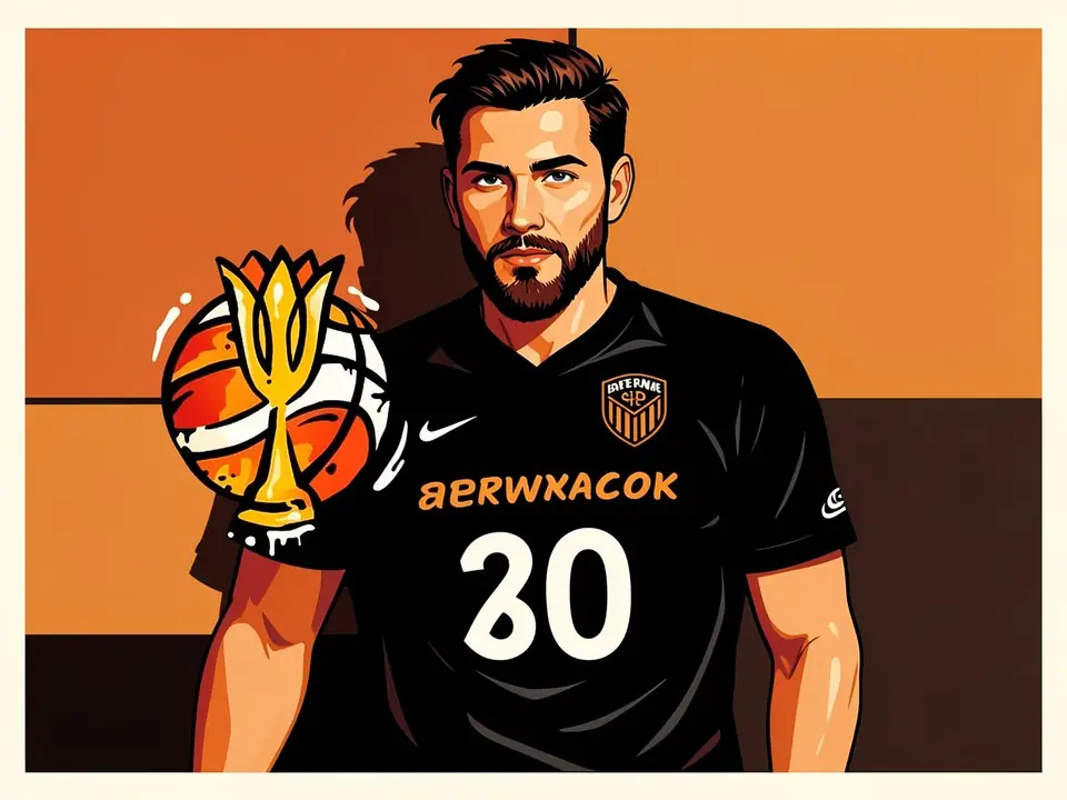 Basketball player in black kit number 30 holds a golden trophy and ball against orange background