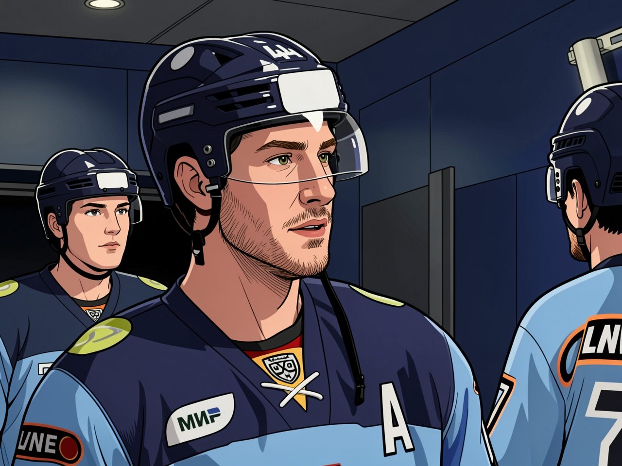 Drei Eishockeyspieler in blauen Trikots stehen in einem Korridor. Der mittlere Spieler trägt ein 'A' und schaut zur Seite.