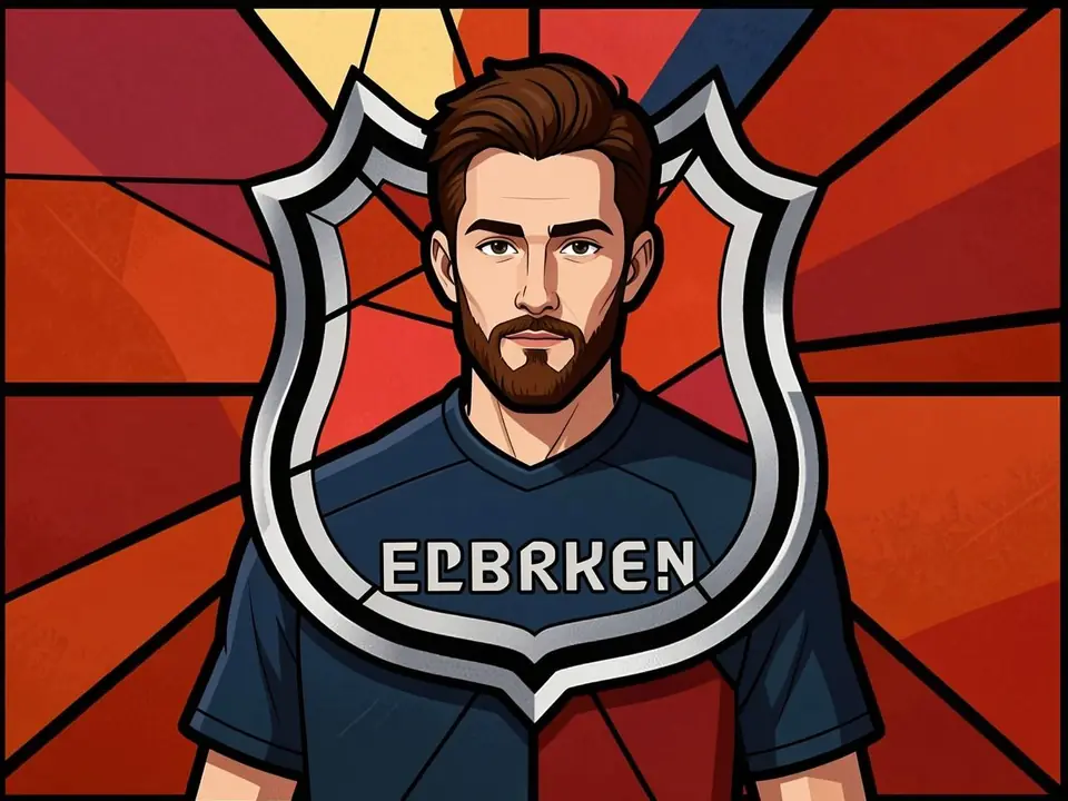 Porträt eines Eishockeyspielers in dunkelblauer Trikots mit ELBRKEN-Text in einem Schild auf rot-orangem Hintergrund