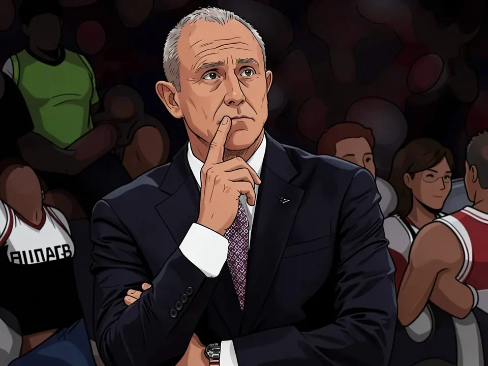 Ettore Messina in a suit on the Atlanta Hawks bench surrounded by players