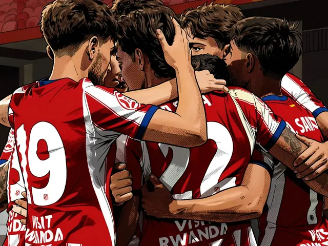 Atletico Madrid players in red kits celebrate a win. The backs of players with numbers 19 and 22 are visible.