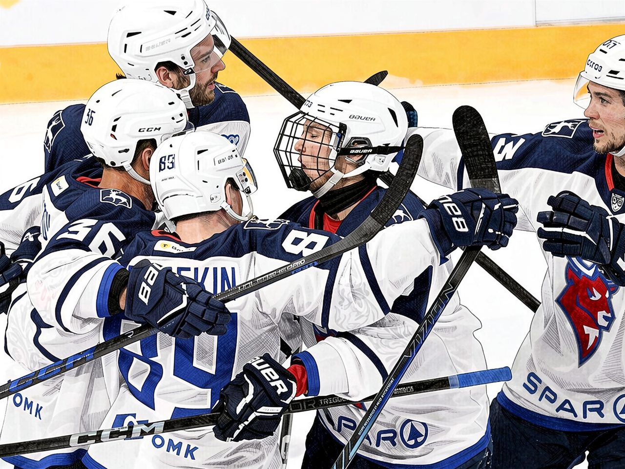 Hockey players in white and blue kits celebrate on the ice