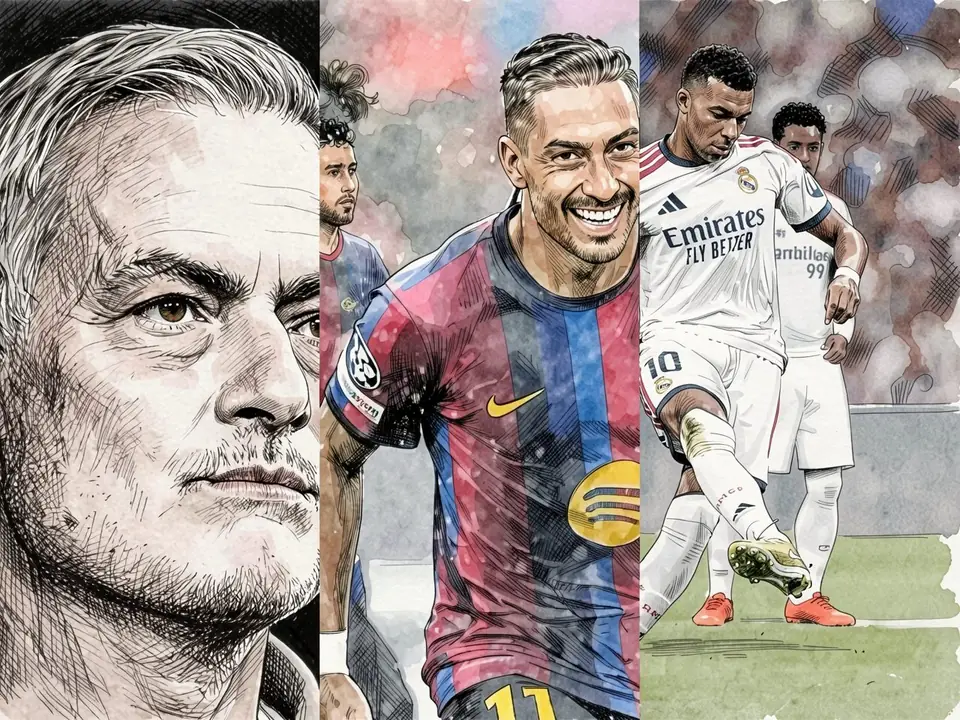 Three footballers in different kits: left manager portrait, center player in red-blue stripes, right in white kit