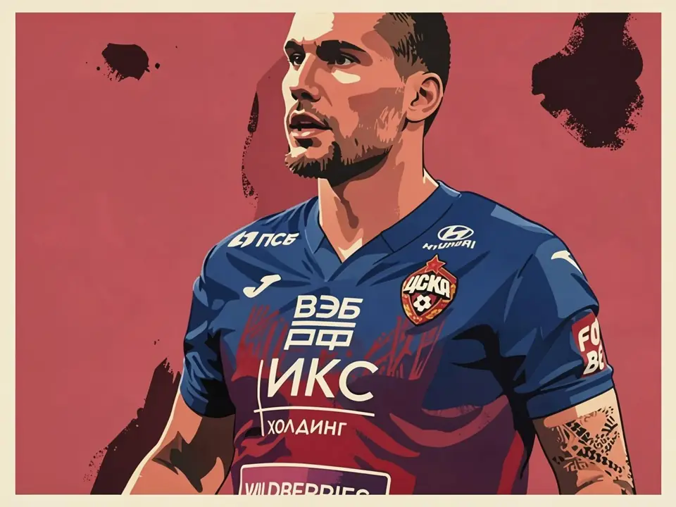 Football player in blue and red CSKA kit with arm tattoos