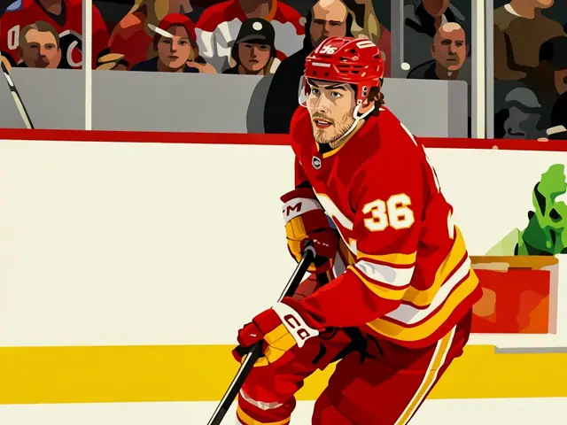 Aidar Suniev in a red Calgary Flames jersey skating with a hockey stick.