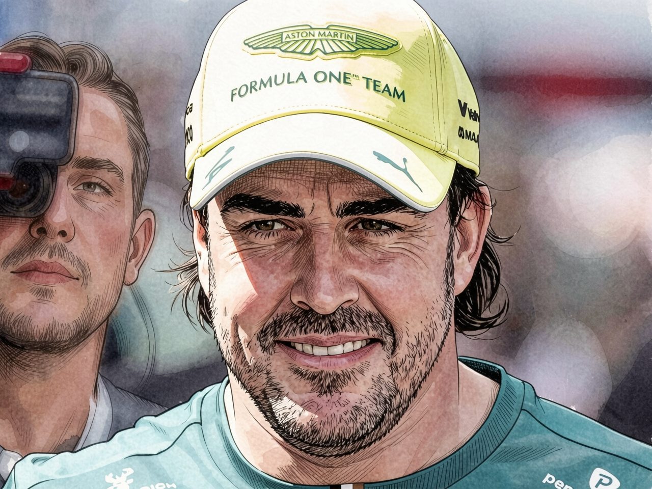 Fernando Alonso in einer gelben Aston Martin-Kappe und türkisfarbenem Teamshirt.