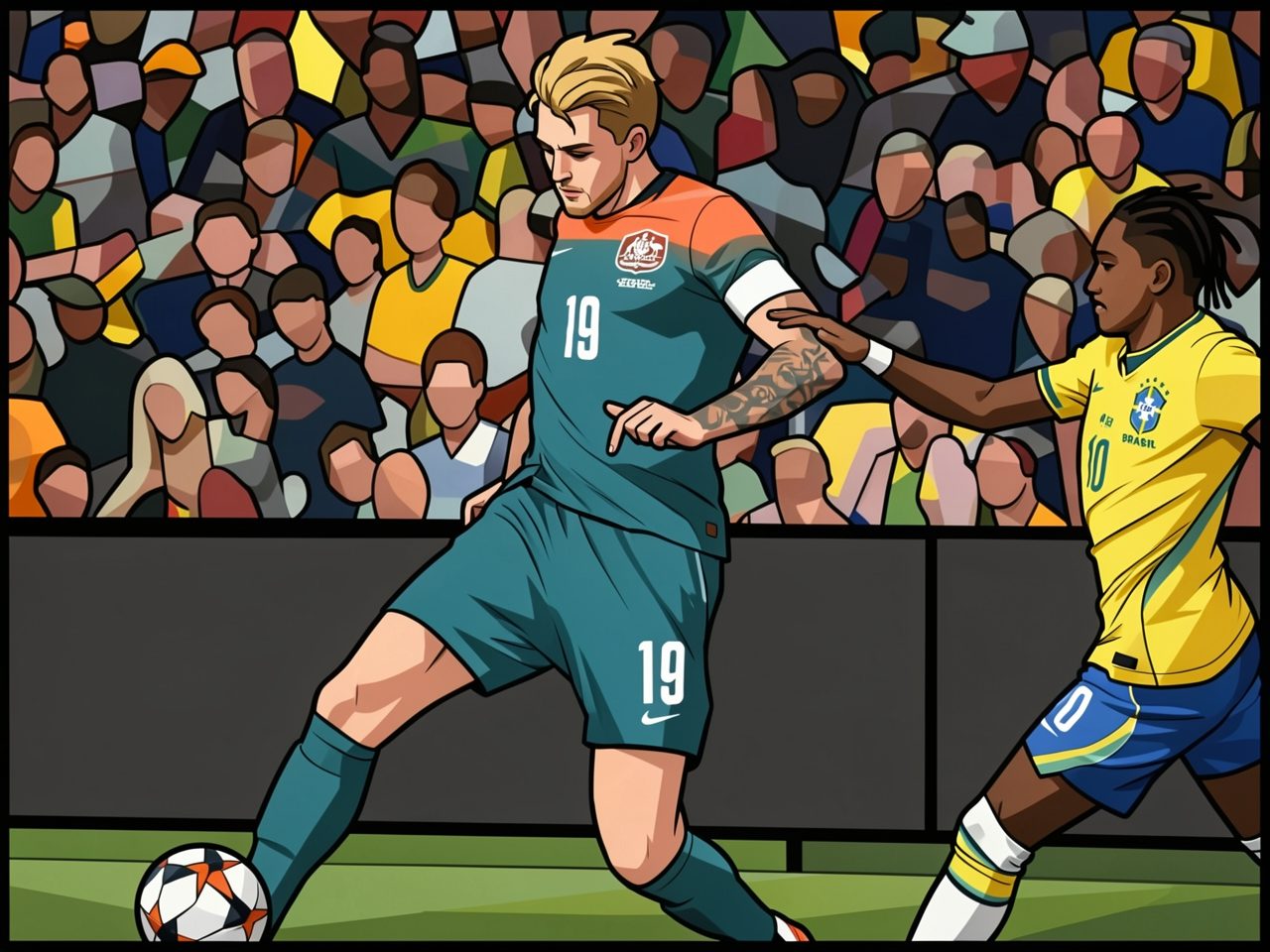 Brazil vs Australia: Raphinha (10) in yellow defends against the Australian player in teal