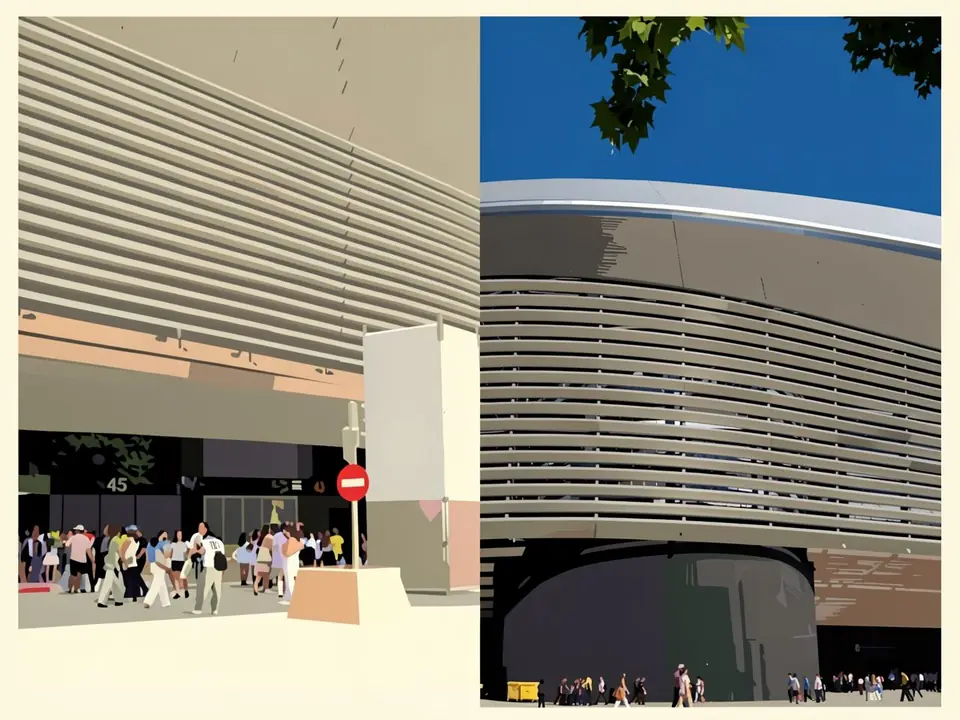 Exterior view of the Santiago Bernabéu stadium in Madrid under a clear blue sky