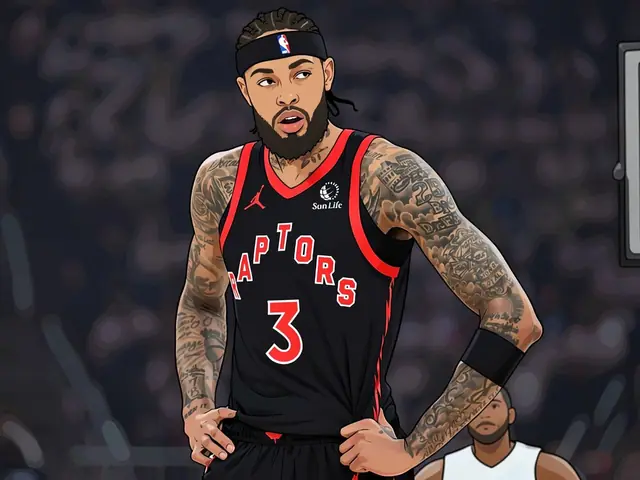 Brandon Ingram in schwarzem Raptors-Trikot steht mit Händen in den Hüften auf dem Platz.