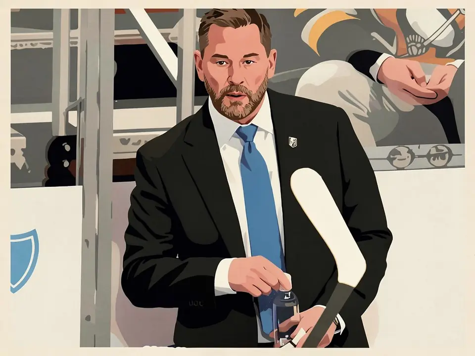 Bruce Cassidy im Anzug mit Eishockeyschläger an der Bande