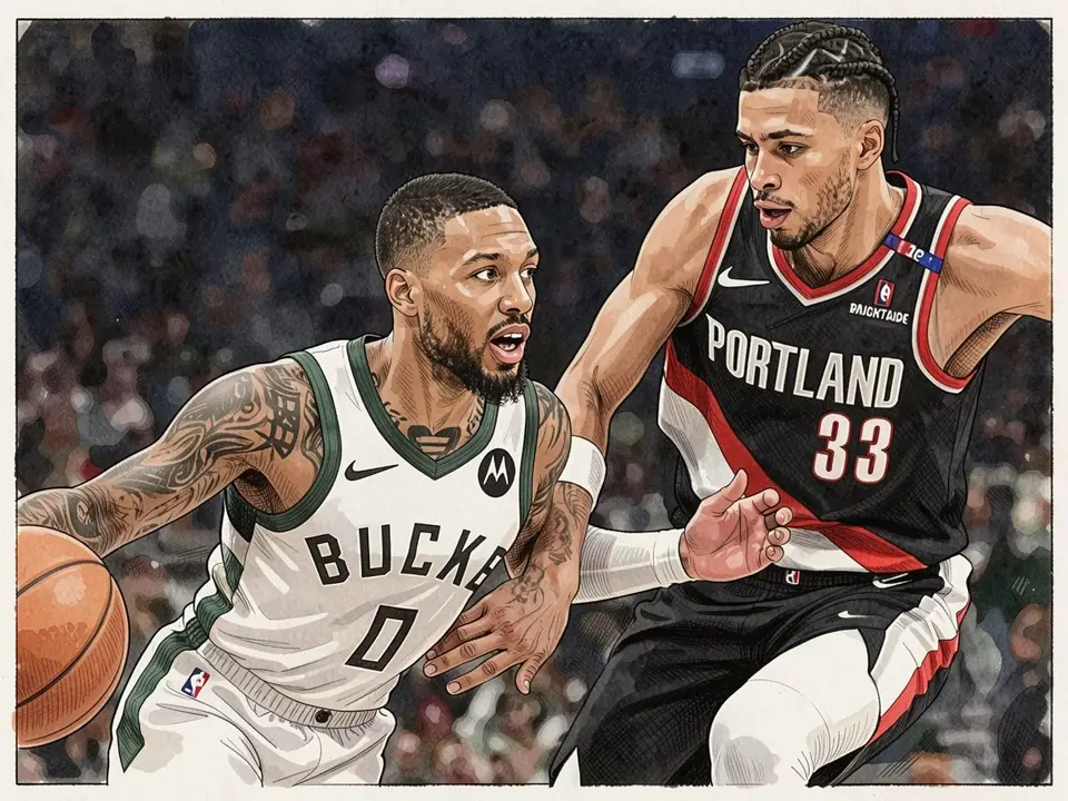 Milwaukee-Bucks-Spieler Damian Lillard dribbelt den Ball unter Verteidigung von Portland-Trail-Blazers-Spieler Toumani Camara